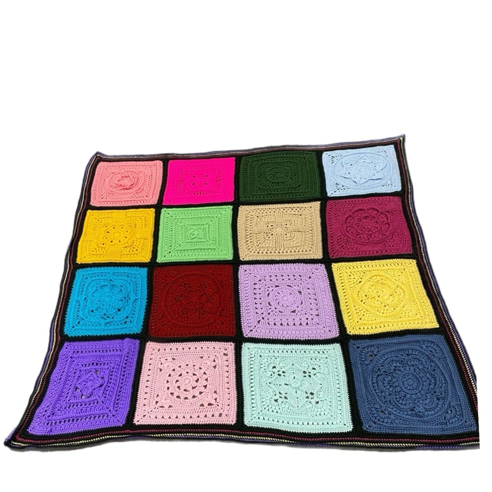 Vintage Granny Afghan Patch Crochet Knit Rainbow Throw Blanket 66” Square